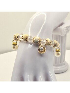Gold-Tone Charm Bracelet With Faux Pearl Accents Stretch Fit